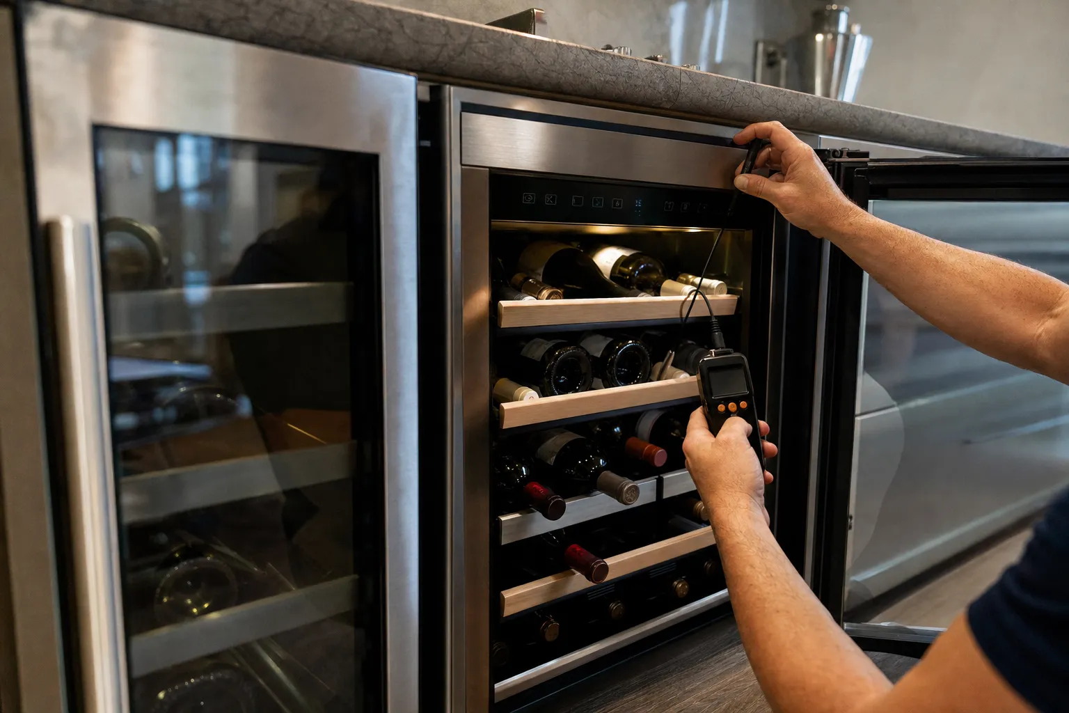 Thermometer probe led into an open stainless undercounter wine cooler stocked with bottles on wooden racks