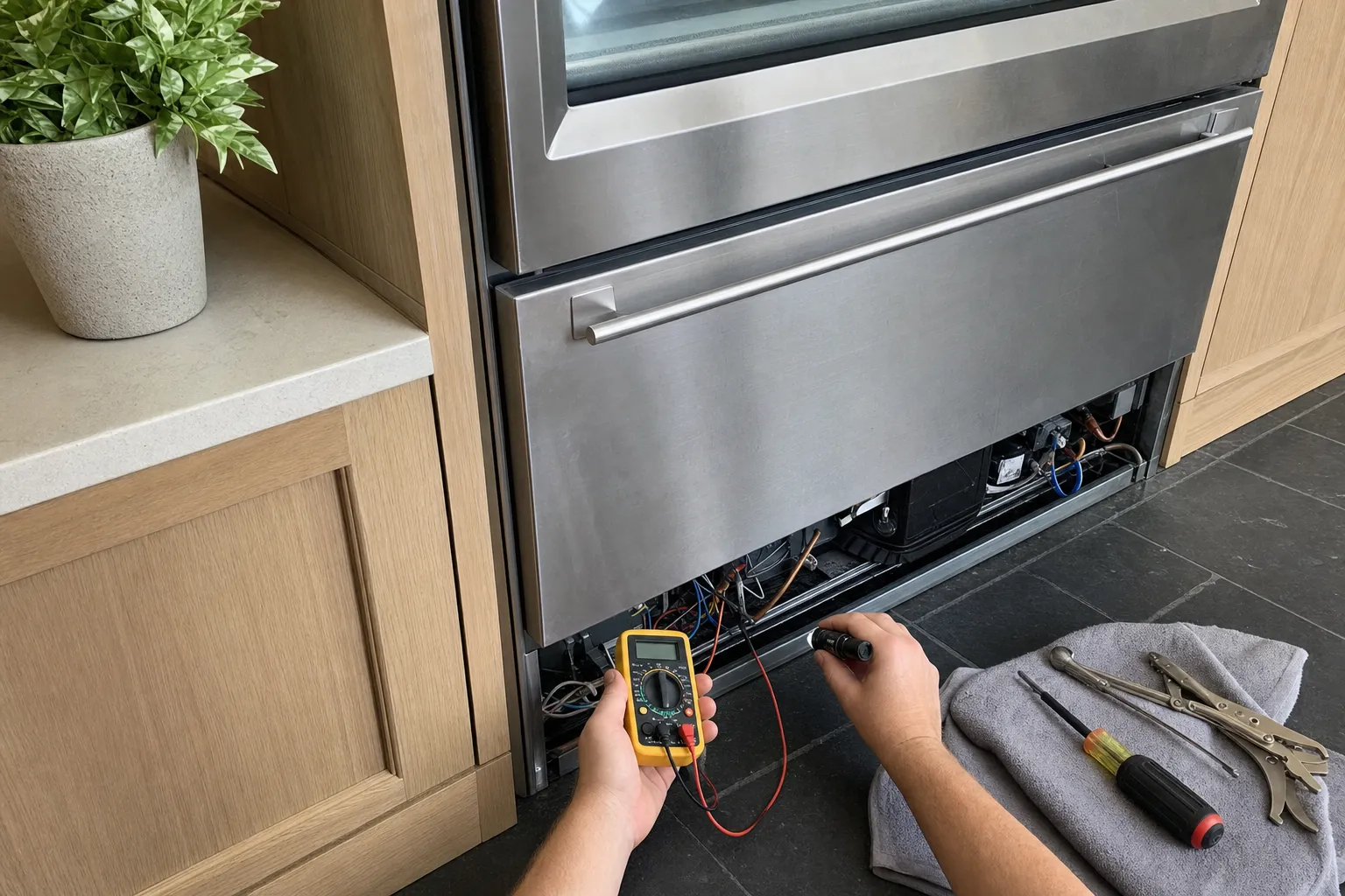 Lower grille off a stainless built-in unit, with a multimeter and flashlight at the open machine compartment