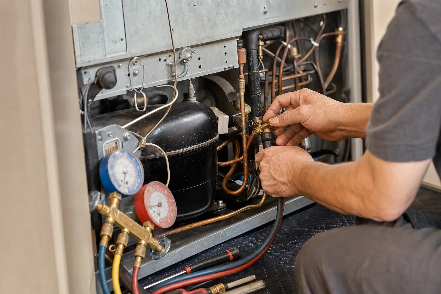 Manifold gauges connected to the compressor and copper lines of an appliance sealed system