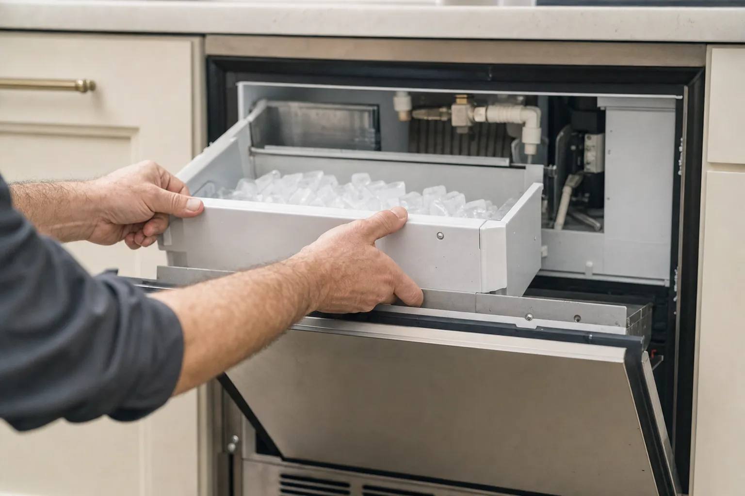 Ice storage bin full of cubes being lifted out of an open undercounter ice maker