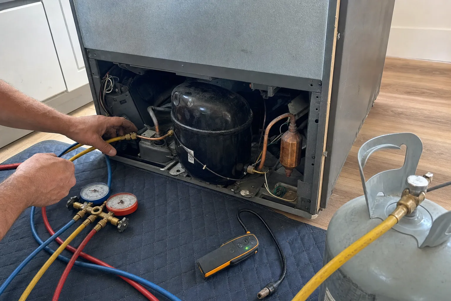 Appliance pulled out from the cabinets, rear machine compartment open, manifold gauges and a refrigerant cylinder alongside