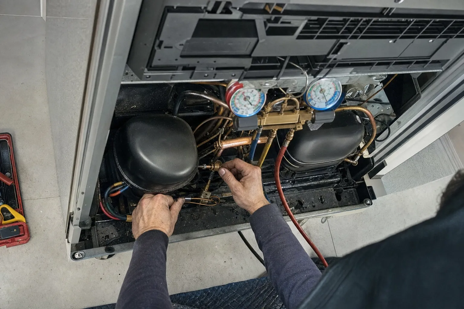Overhead view of a twin-compressor machine compartment with a manifold gauge set connected at the service valve