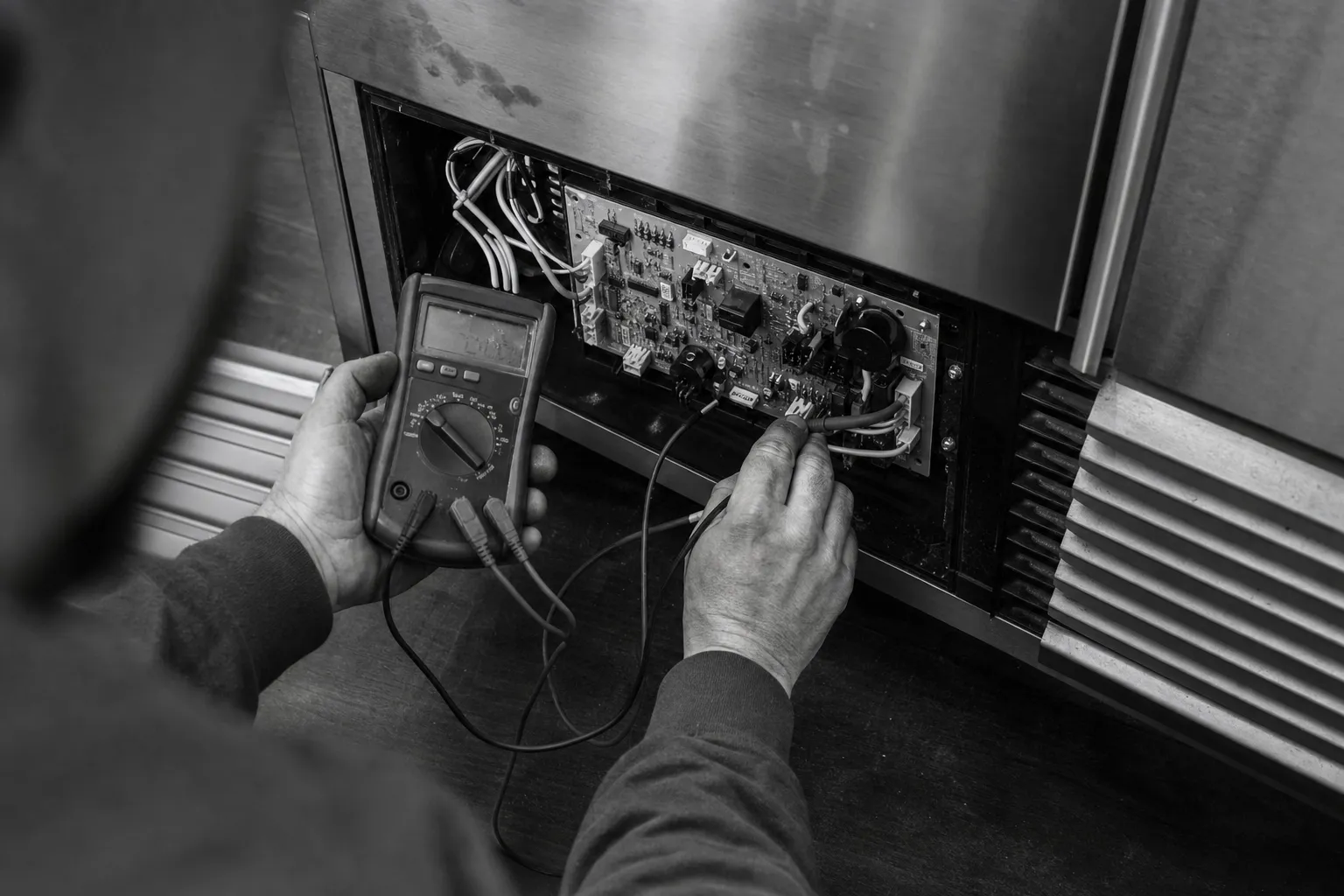Black-and-white shot of a multimeter probing a control board behind the removed lower panel of a built-in unit