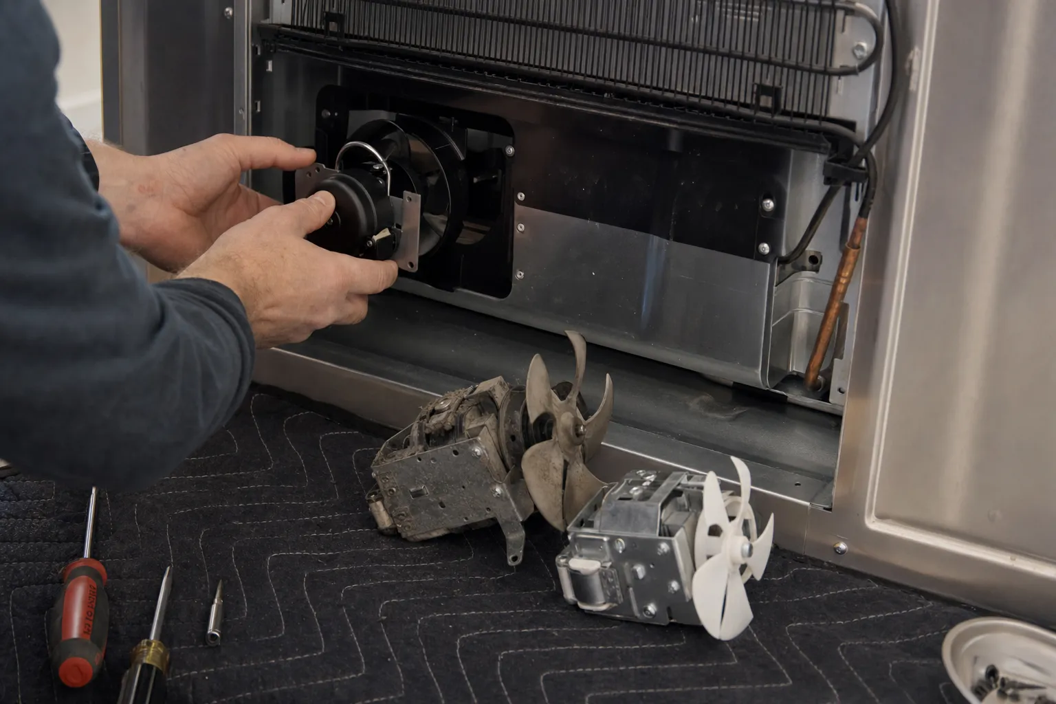 New condenser fan motor being fitted into a machine compartment, the old fan assemblies on the floor beside it