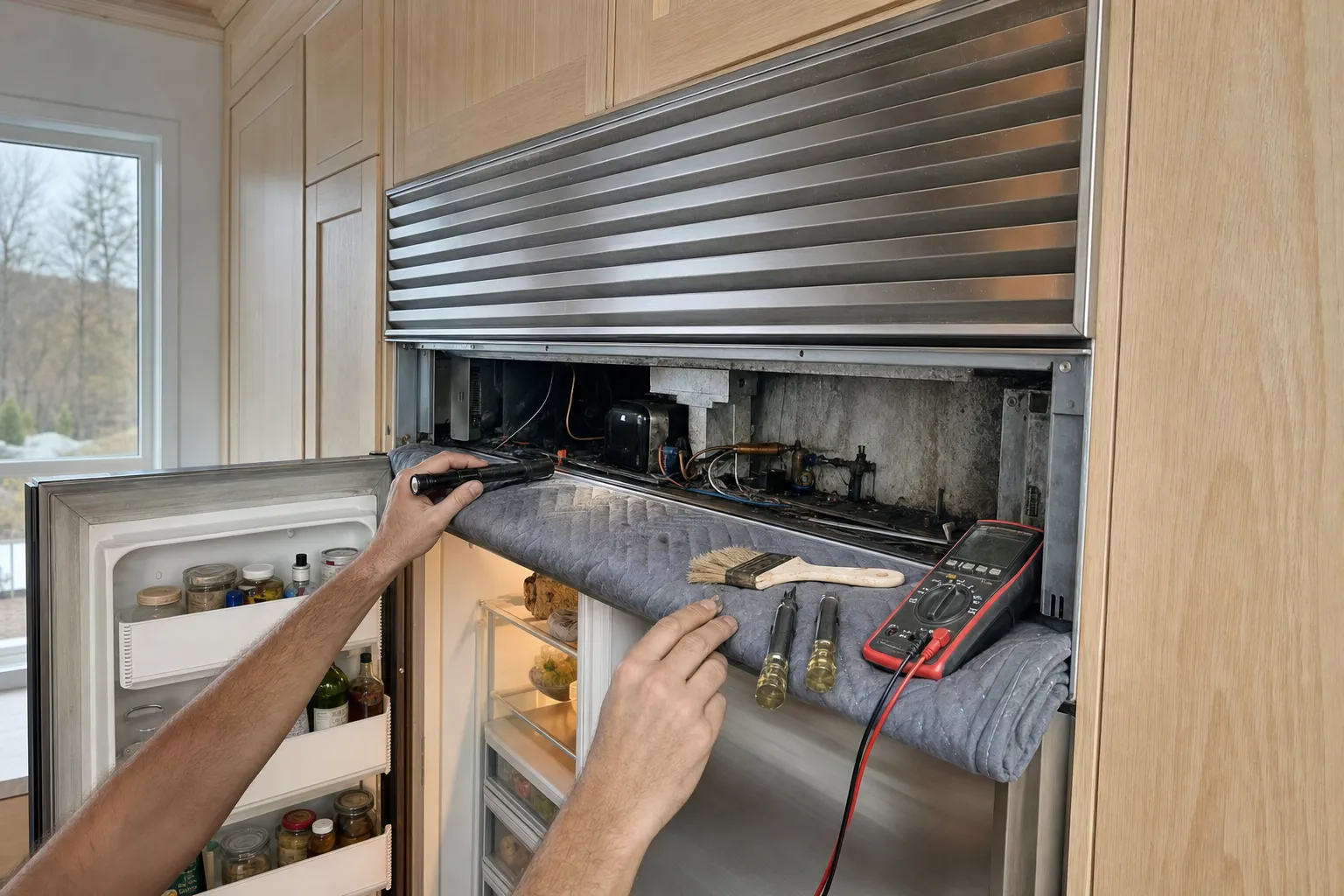 Built-in refrigerator with its upper grille swung open and door ajar, a flashlight aimed into the machine compartment