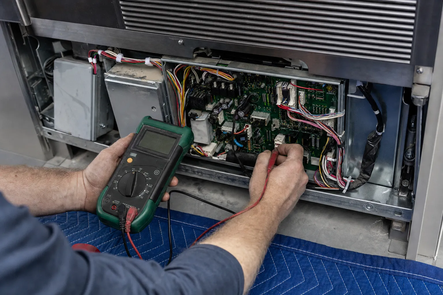 Multimeter probing the wiring harness and control board behind the lower panel of a stainless built-in unit