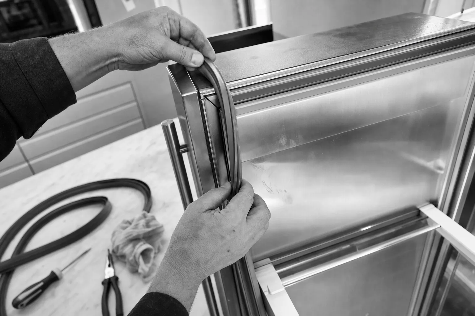Black-and-white frame of a new door gasket being pressed into the channel of a stainless door, a spare gasket, pliers and a screwdriver on the counter