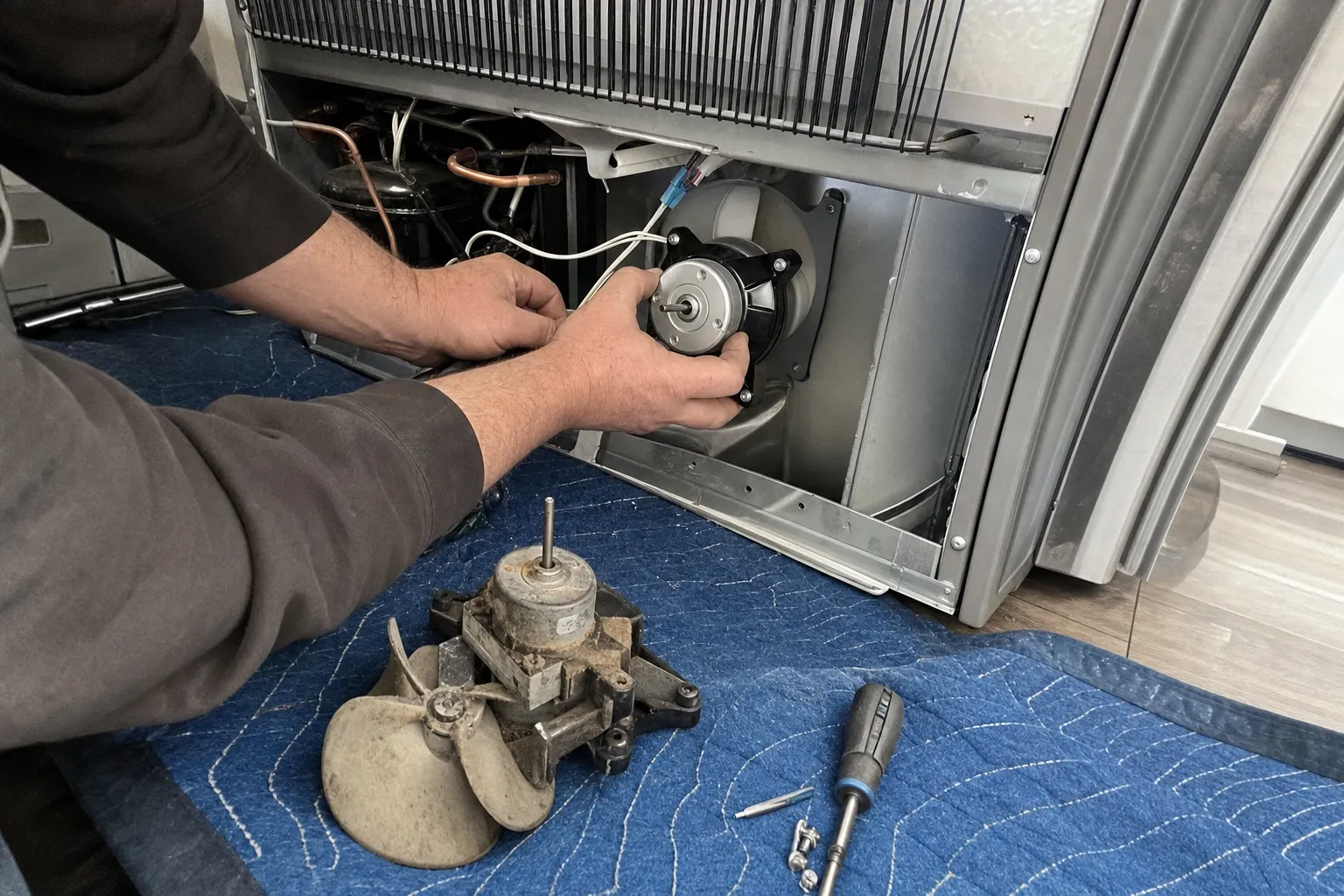 Replacement condenser fan motor being fitted behind a condenser coil, the old motor and its blade lying on a blue moving blanket