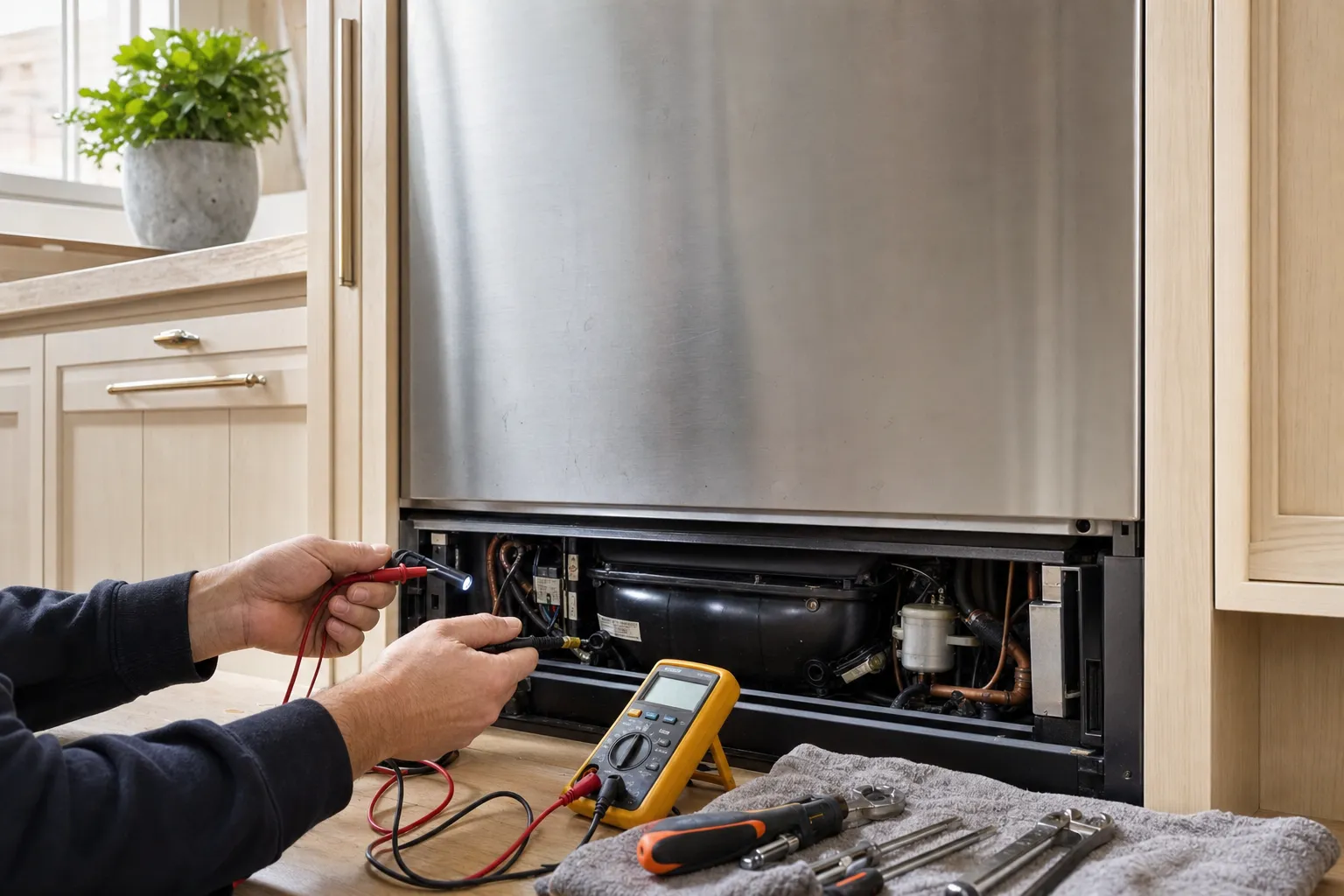 Lower grille removed from a stainless built-in column set in pale wood cabinetry, the compressor exposed and a multimeter on its wiring