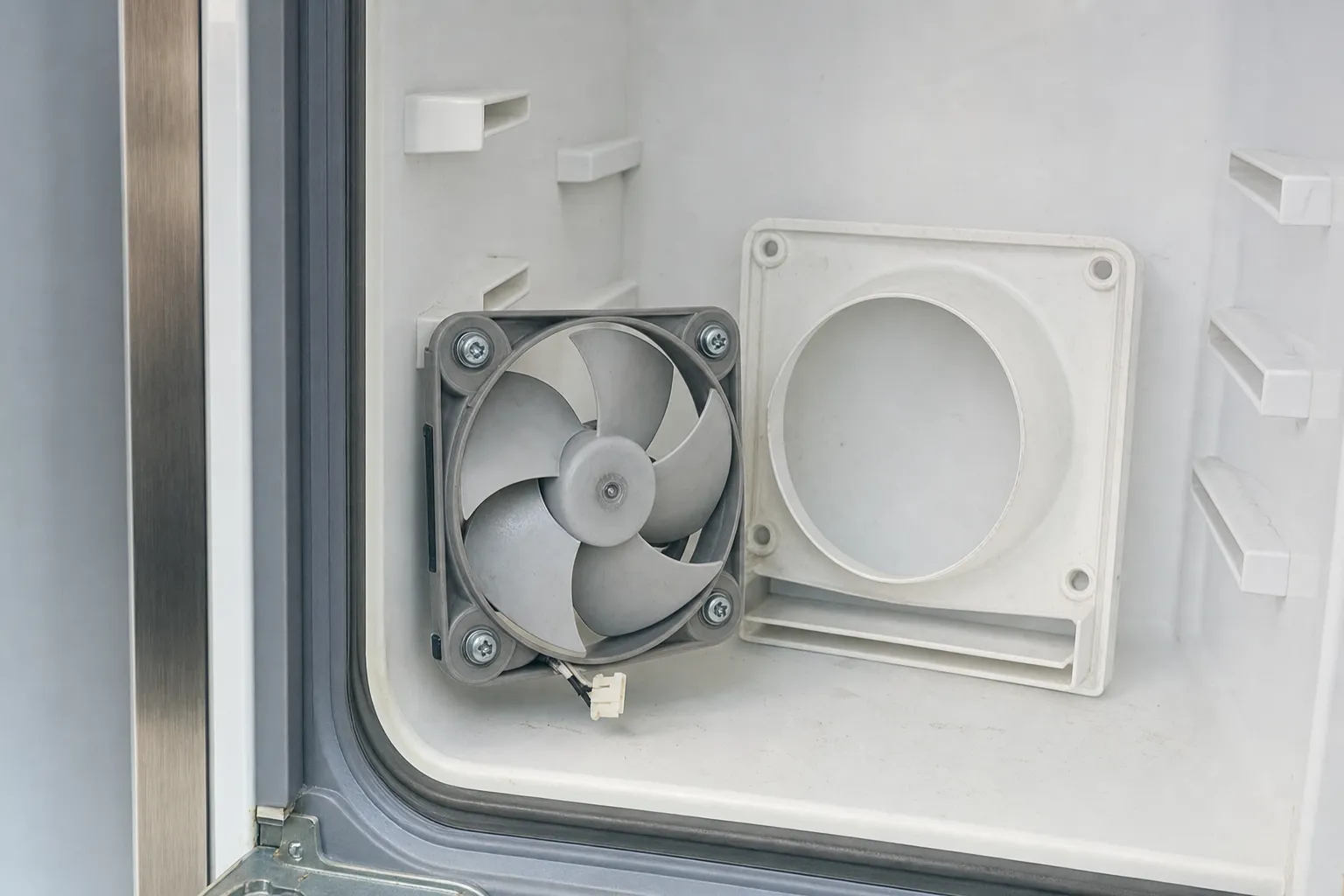 Small evaporator fan unbolted from its white shroud inside the rear wall of a refrigerator compartment